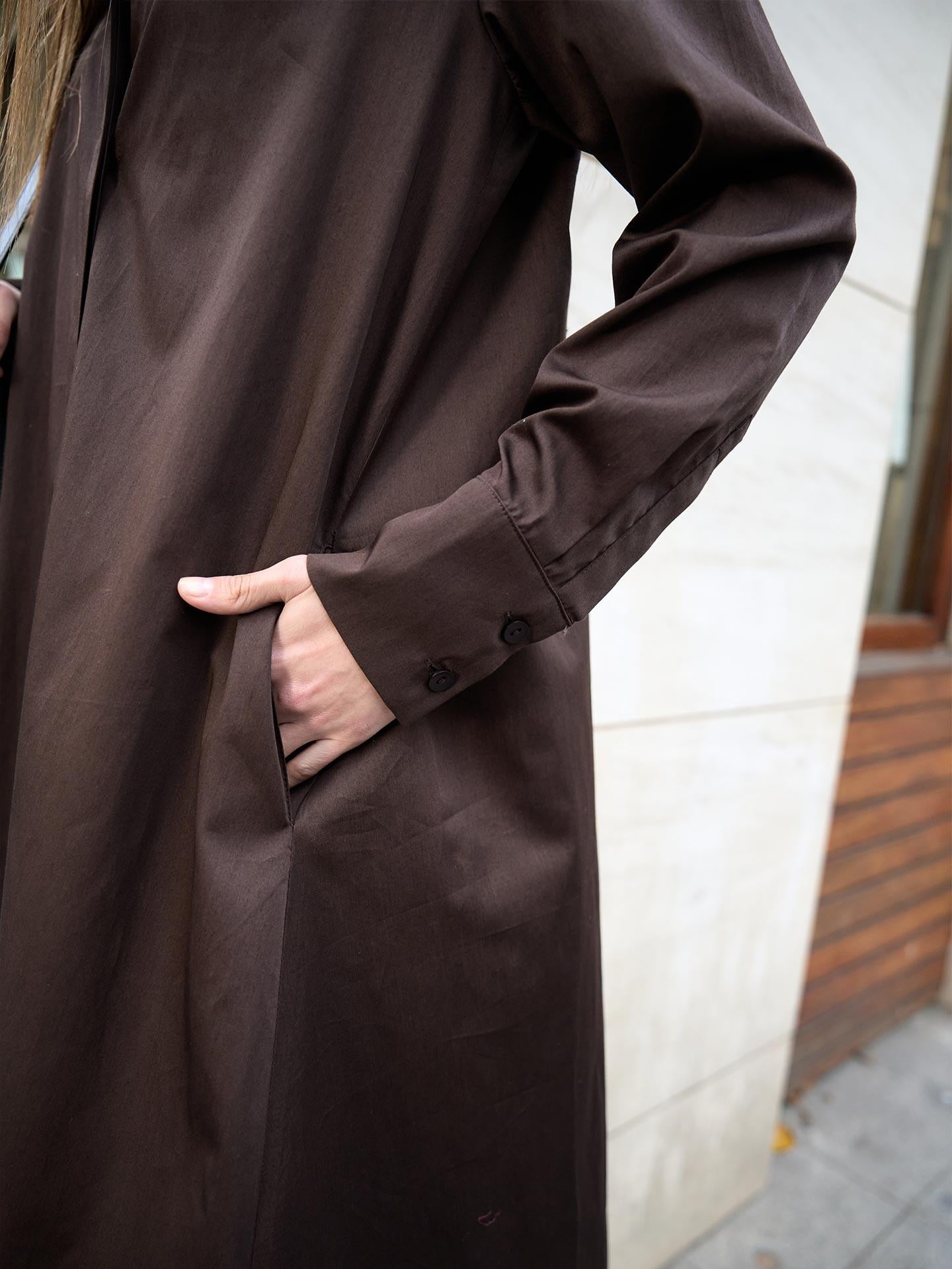 Poplin Oversize Uzun Gömlek Elbise Kahverengi