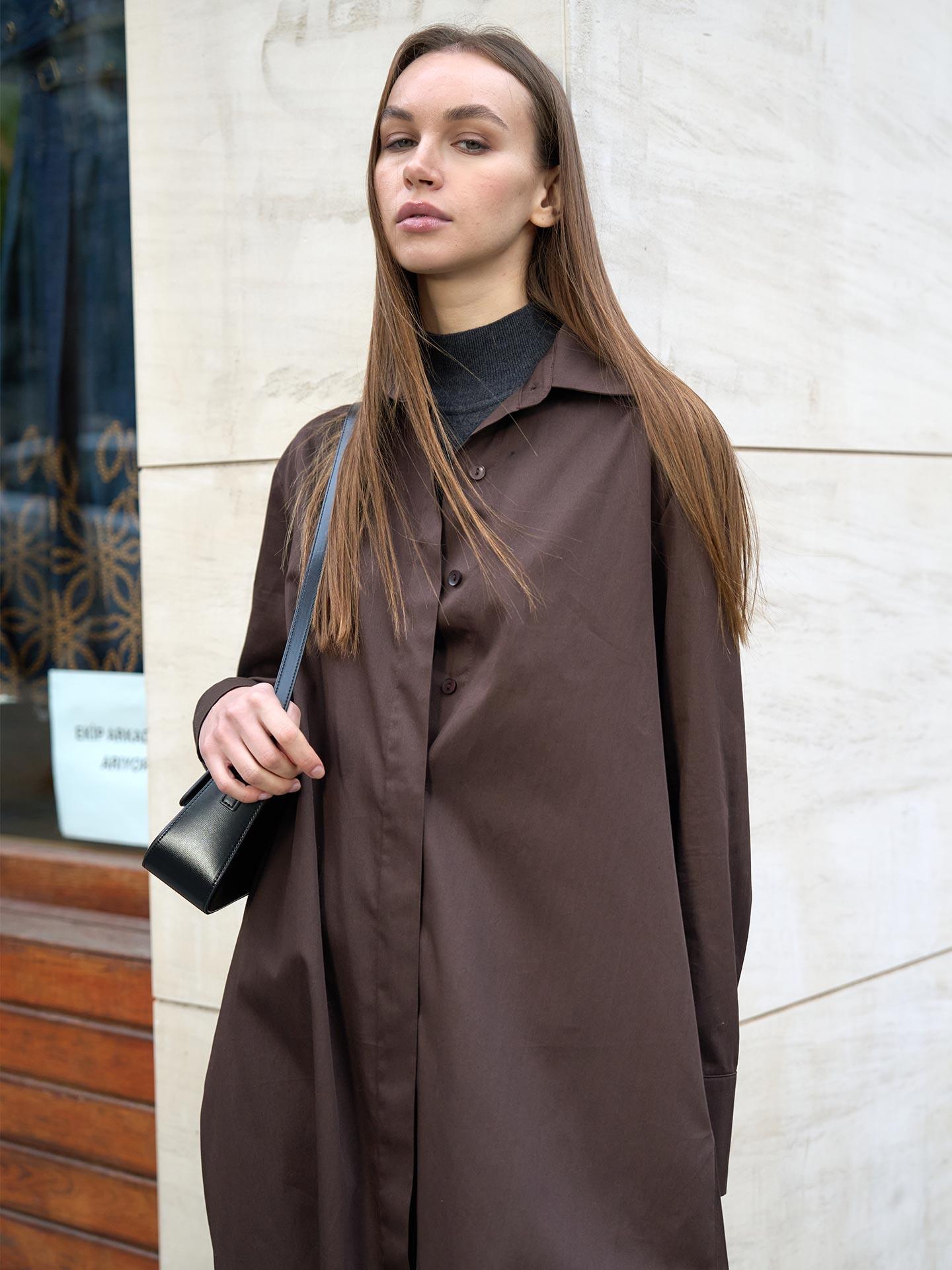 Poplin Oversize Uzun Gömlek Elbise Kahverengi
