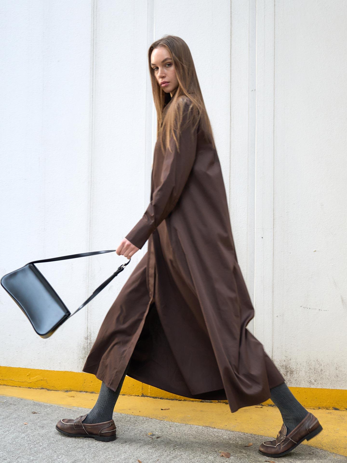 Poplin Oversize Uzun Gömlek Elbise Kahverengi