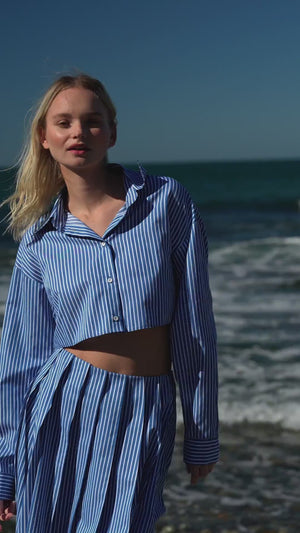 Çizgi Desen Poplin Crop Gömlek Mavi