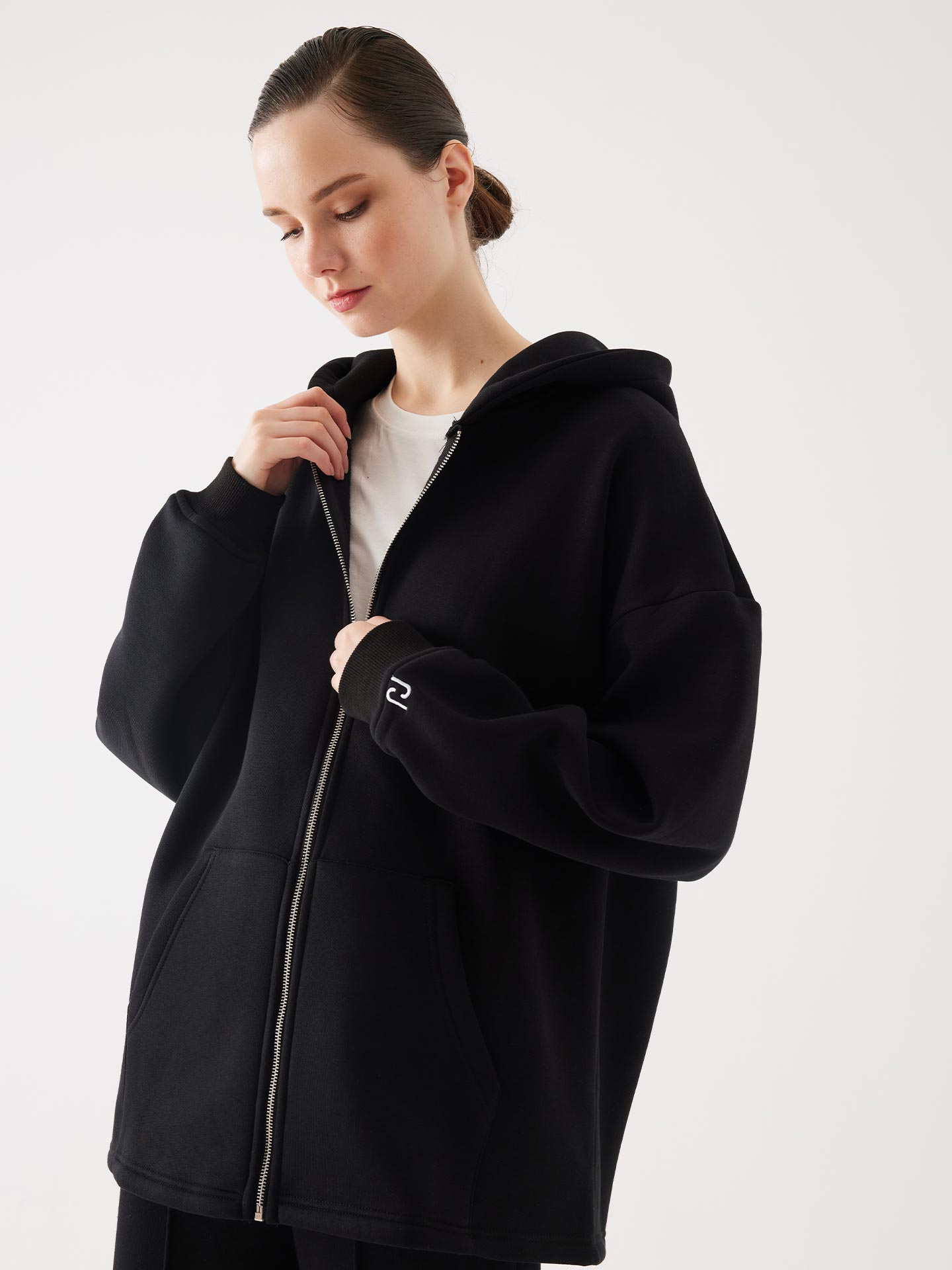 Siyah Fermuarlı Kapüşonlu Oversize Unisex Sweatshirt