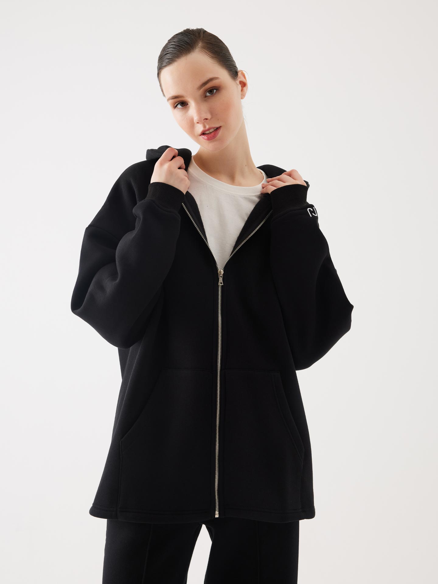 Siyah Fermuarlı Kapüşonlu Oversize Unisex Sweatshirt