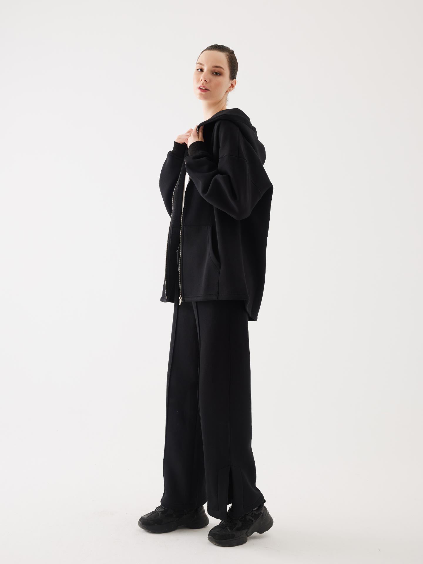 Siyah Fermuarlı Kapüşonlu Oversize Unisex Sweatshirt