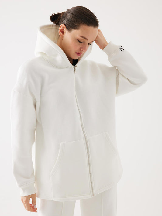 Off-White Fermuarlı Kapüşonlu Oversize Unisex Sweatshirt