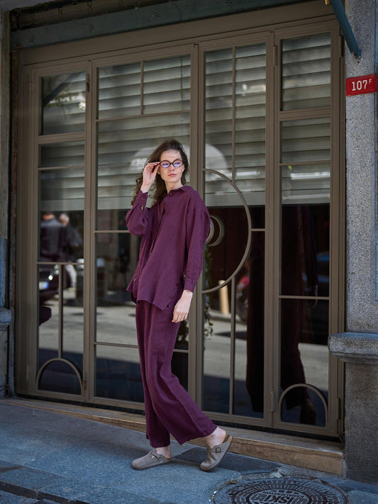 Keten Beli Lastikli Pantolon Bordo
