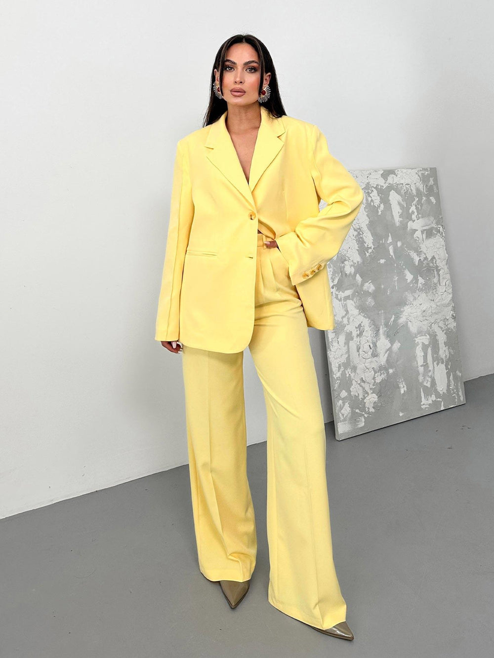 Pileli Palazzo Pantolon Butter Yellow