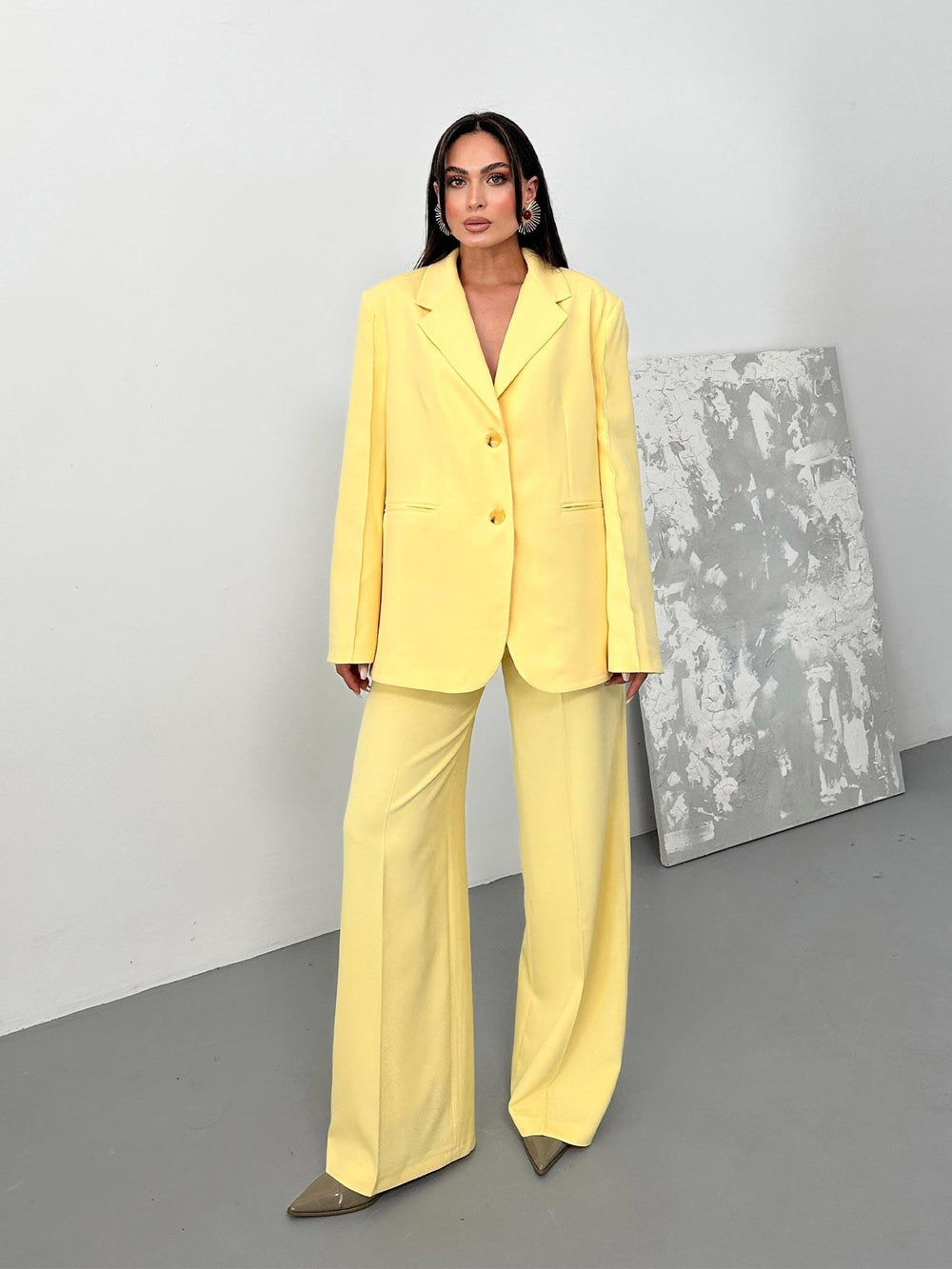 Pileli Palazzo Pantolon Butter Yellow