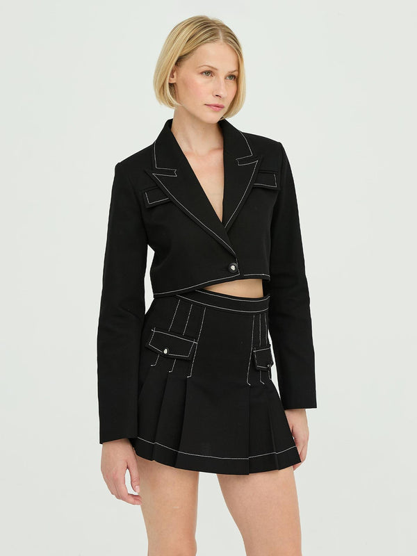 Gabardin Dikiş Detay Crop Ceket Siyah