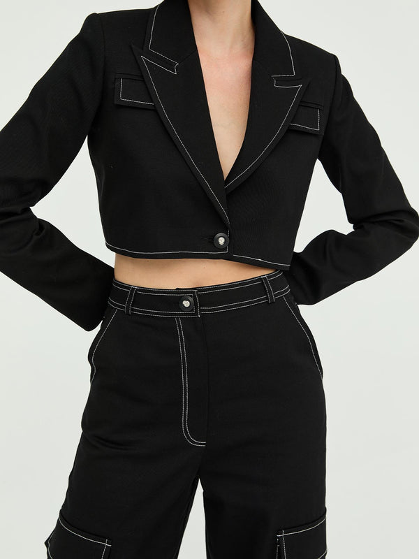 Gabardin Dikiş Detay Crop Ceket Siyah