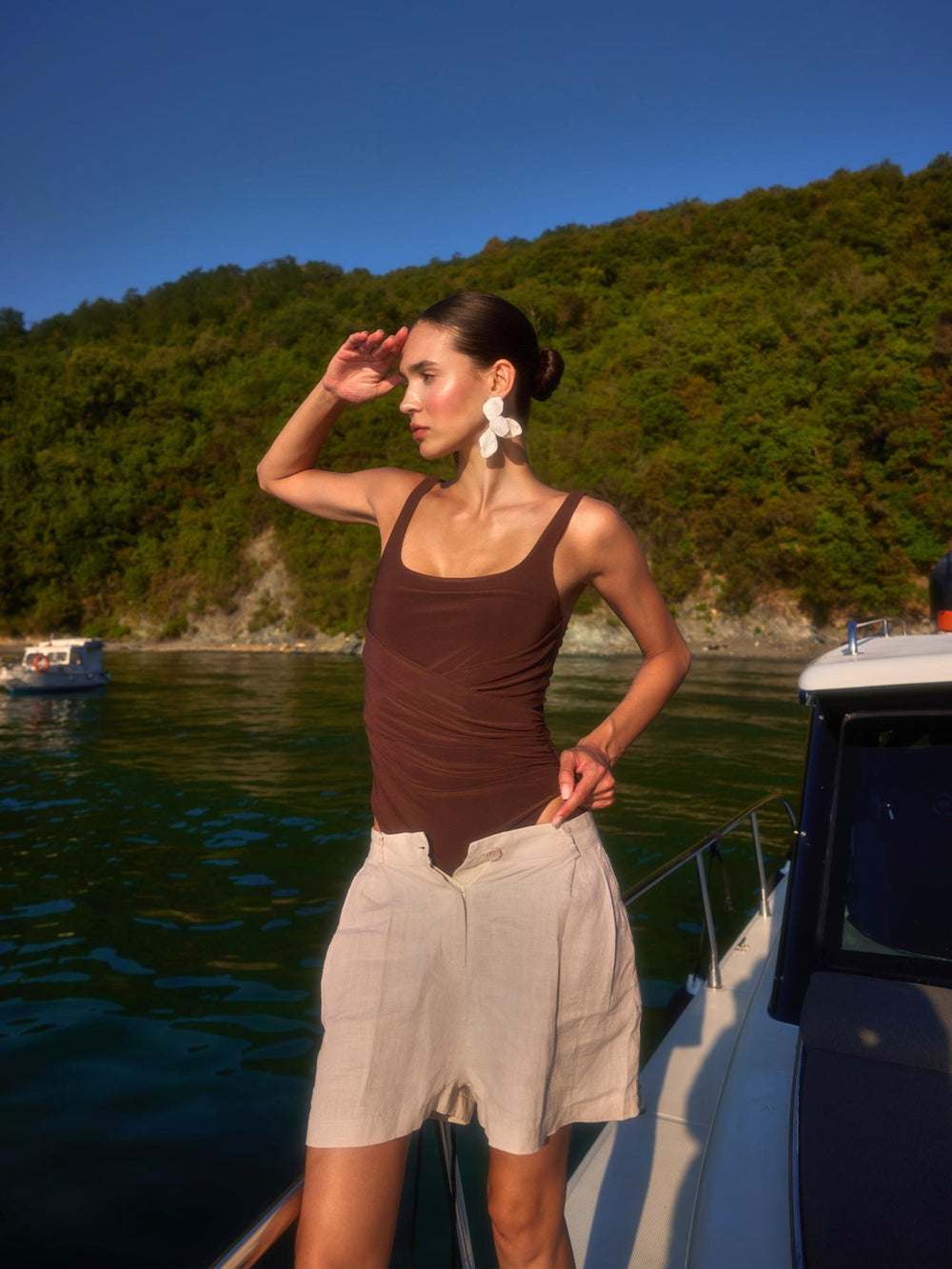 Drapeli Askılı Bodysuit Kahverengi