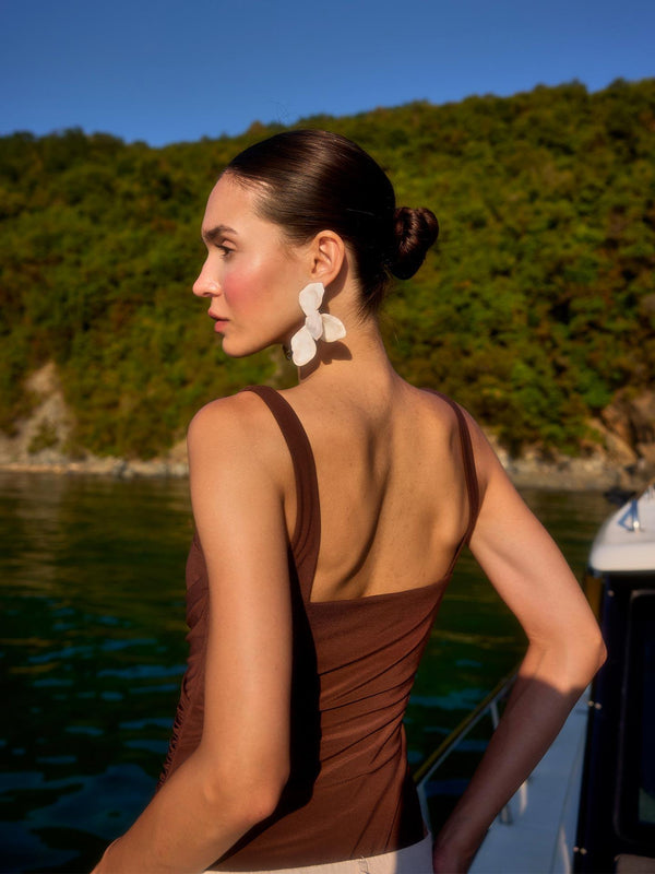 Drapeli Askılı Bodysuit Kahverengi
