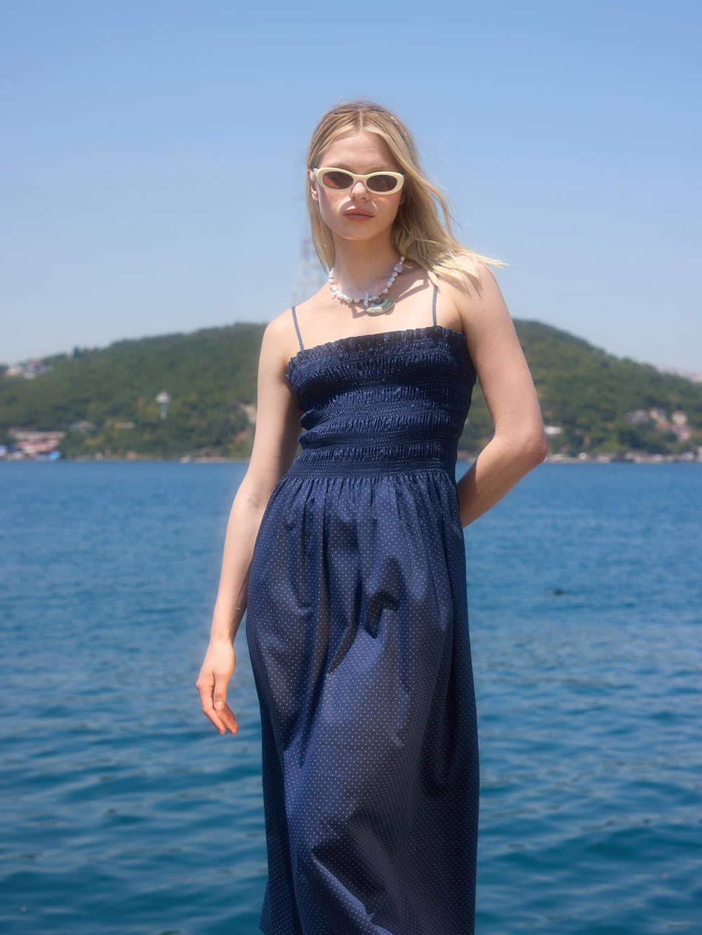 Puantiye Desen Gipeli Askılı Maxi Elbise Lacivert