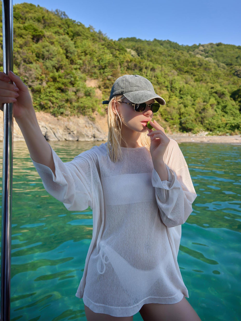 Pamuklu Likralı Oversize Bluz Bej