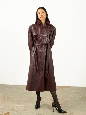 Kürk Yaka Deri Trençkot Bordo