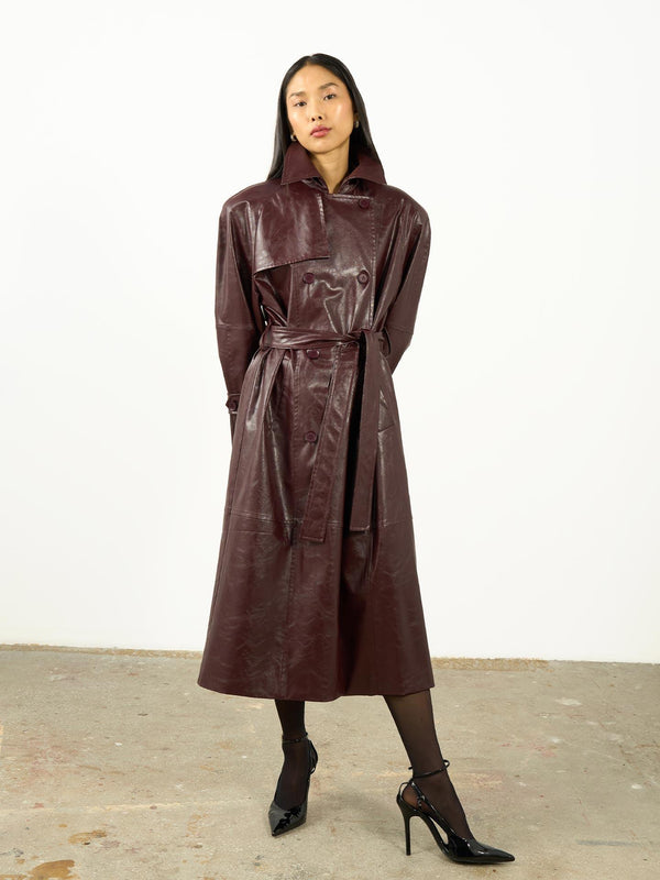 Kürk Yaka Deri Trençkot Bordo