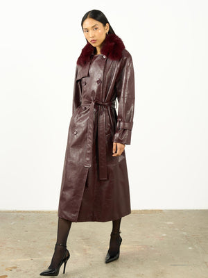 Kürk Yaka Deri Trençkot Bordo