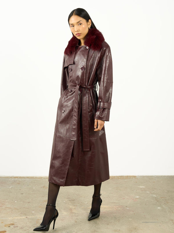 Kürk Yaka Deri Trençkot Bordo