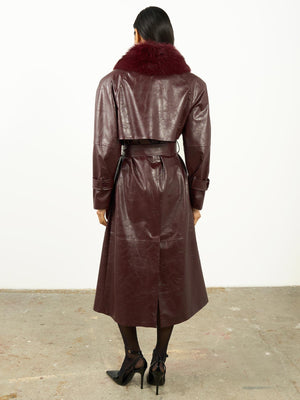 Kürk Yaka Deri Trençkot Bordo