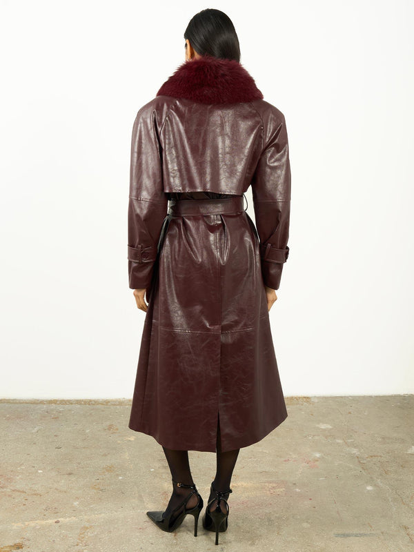 Kürk Yaka Deri Trençkot Bordo