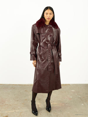 Kürk Yaka Deri Trençkot Bordo