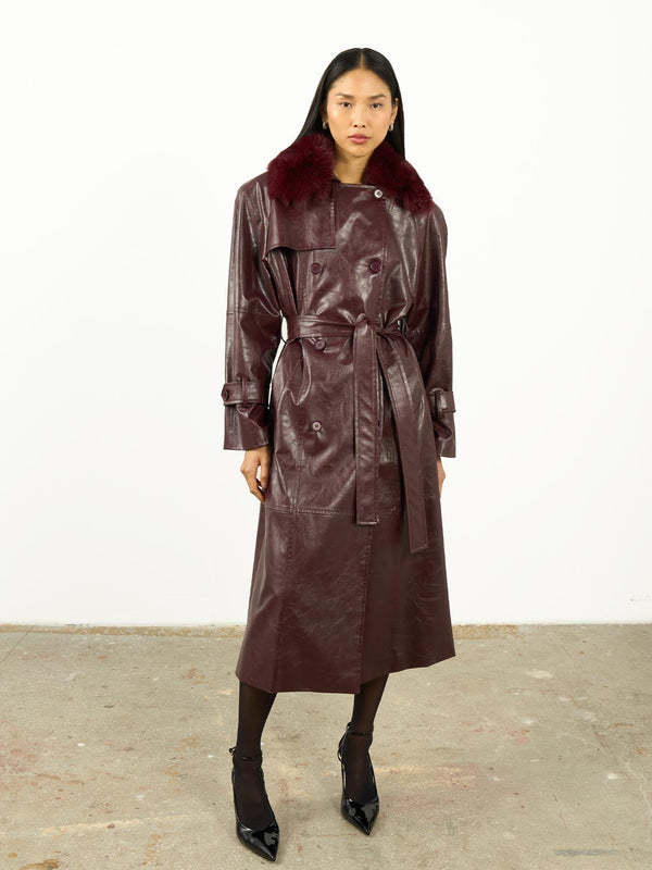 Kürk Yaka Deri Trençkot Bordo