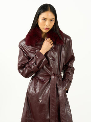 Kürk Yaka Deri Trençkot Bordo