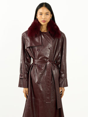 Kürk Yaka Deri Trençkot Bordo