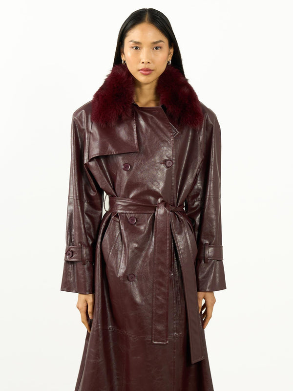 Kürk Yaka Deri Trençkot Bordo