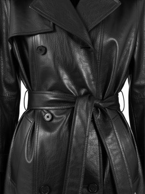 Kürk Yaka Deri Trençkot Siyah