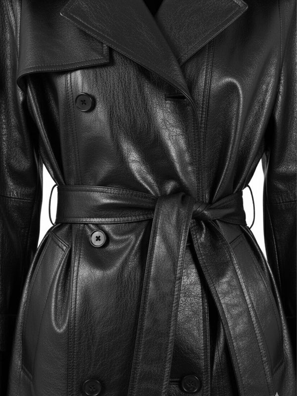 Kürk Yaka Deri Trençkot Siyah