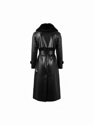 Kürk Yaka Deri Trençkot Siyah
