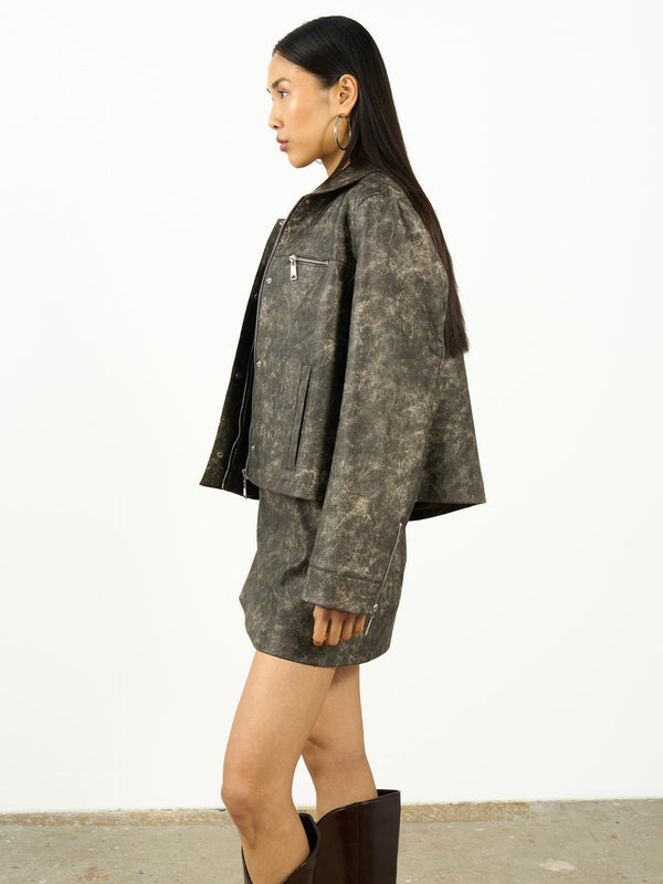 Eskitme Deri Yaka Detay Ceket Gri