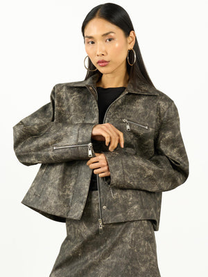 Eskitme Deri Yaka Detay Ceket Gri