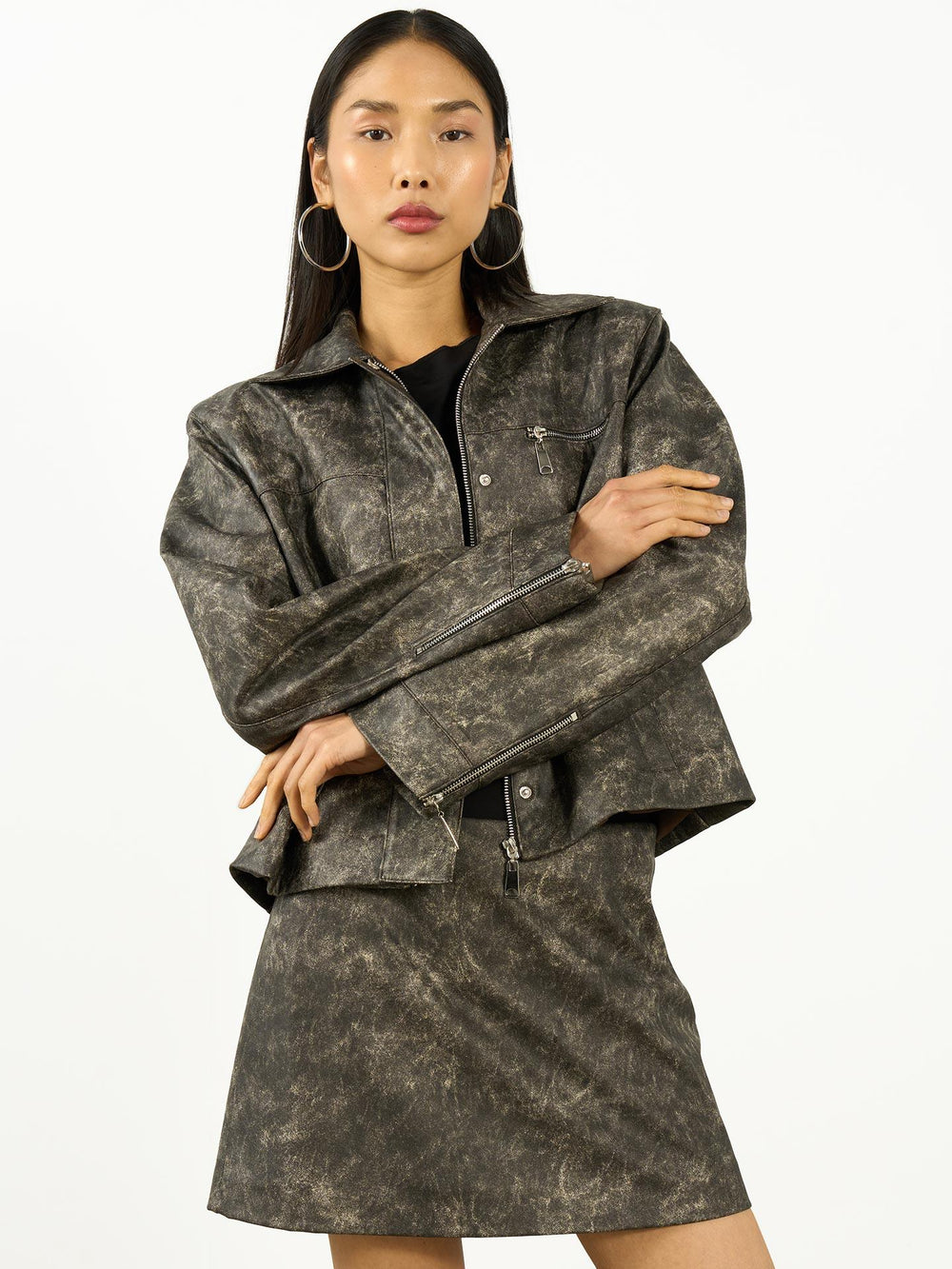 Eskitme Deri Yaka Detay Ceket Gri