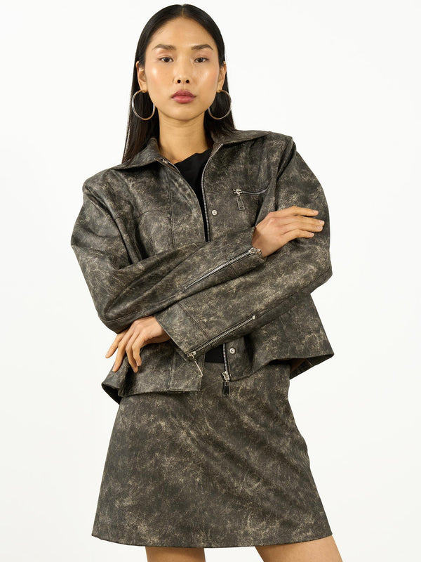 Eskitme Deri Yaka Detay Ceket Gri