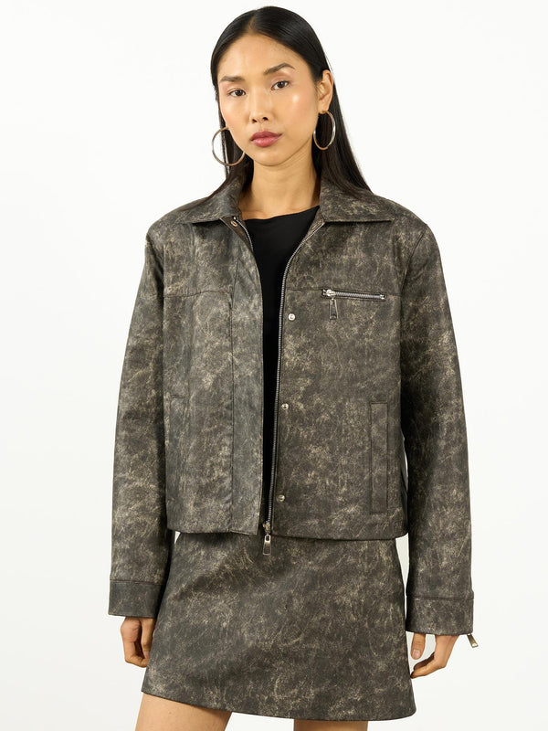 Eskitme Deri Yaka Detay Ceket Gri