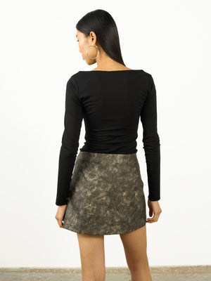 Eskitme Deri Mini Şort Etek Gri