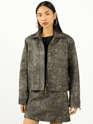 Eskitme Deri Mini Şort Etek Gri