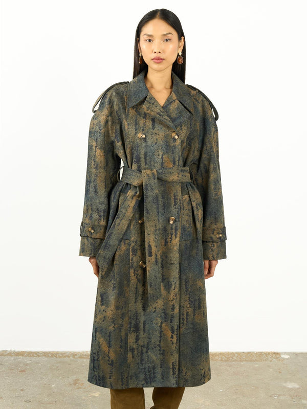 Flok Desenli Trençkot Lacivert