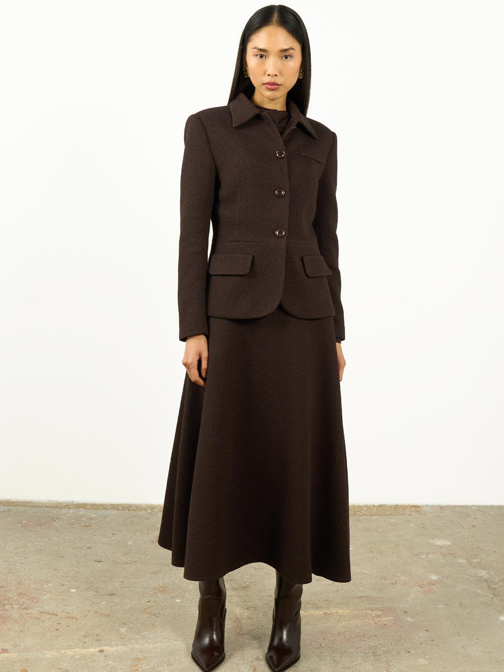 Yüksek Bel Dokulu A Kesim Maxi Etek Kahverengi