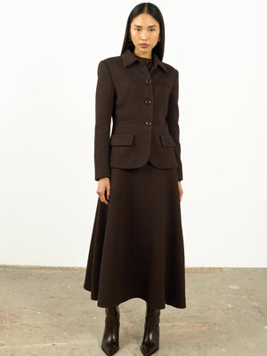 Yüksek Bel Dokulu A Kesim Maxi Etek Kahverengi