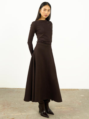 Yüksek Bel Dokulu A Kesim Maxi Etek Kahverengi