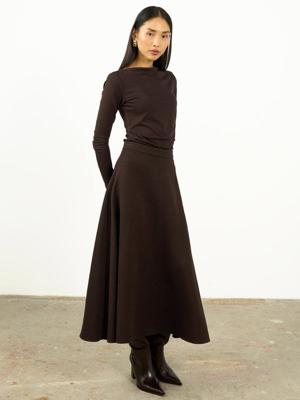 Yüksek Bel Dokulu A Kesim Maxi Etek Kahverengi