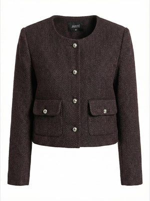 Dokulu Bisiklet  Yaka Düğme Detaylı Ceket Kahverengi