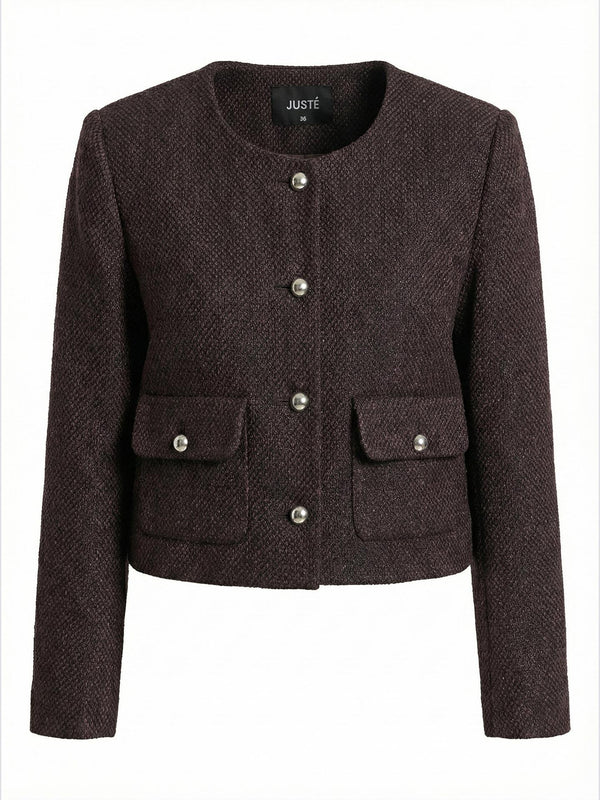 Dokulu Bisiklet  Yaka Düğme Detaylı Ceket Kahverengi