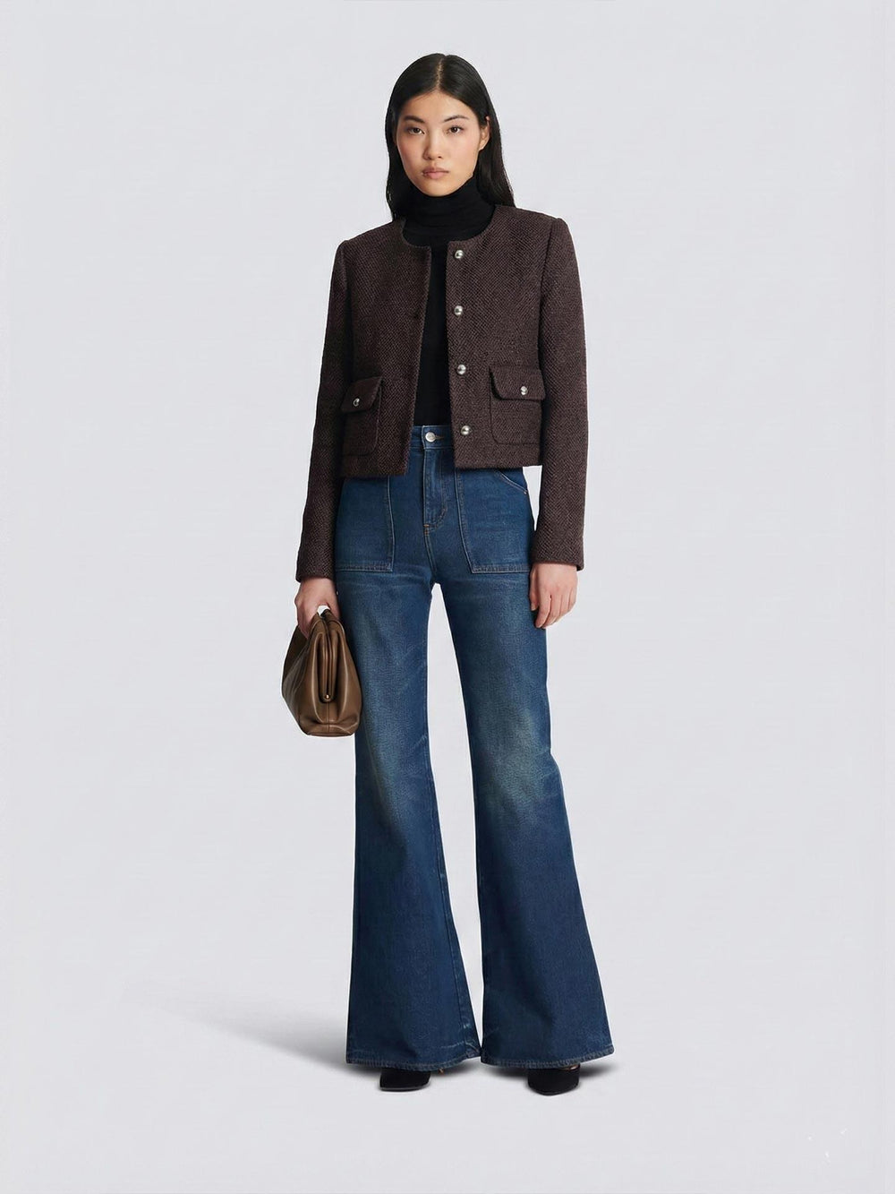 Dokulu Bisiklet  Yaka Düğme Detaylı Ceket Kahverengi