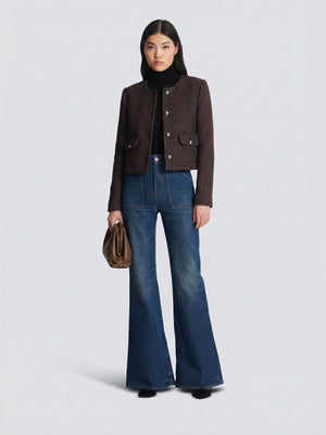 Dokulu Bisiklet  Yaka Düğme Detaylı Ceket Kahverengi