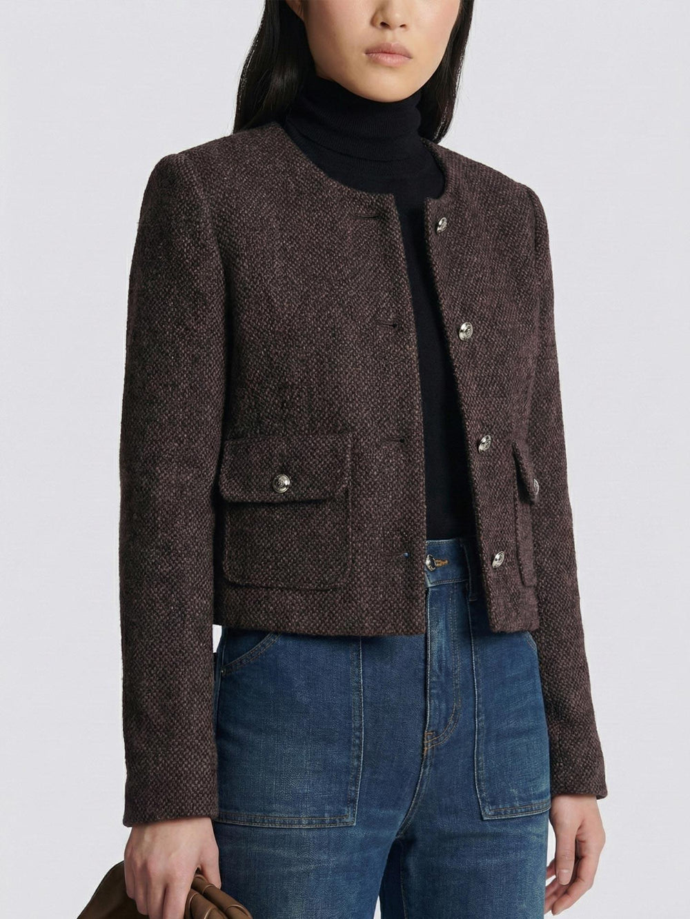 Dokulu Bisiklet  Yaka Düğme Detaylı Ceket Kahverengi