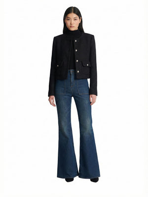 Dokulu Bisiklet  Yaka Düğme Detaylı Ceket Siyah