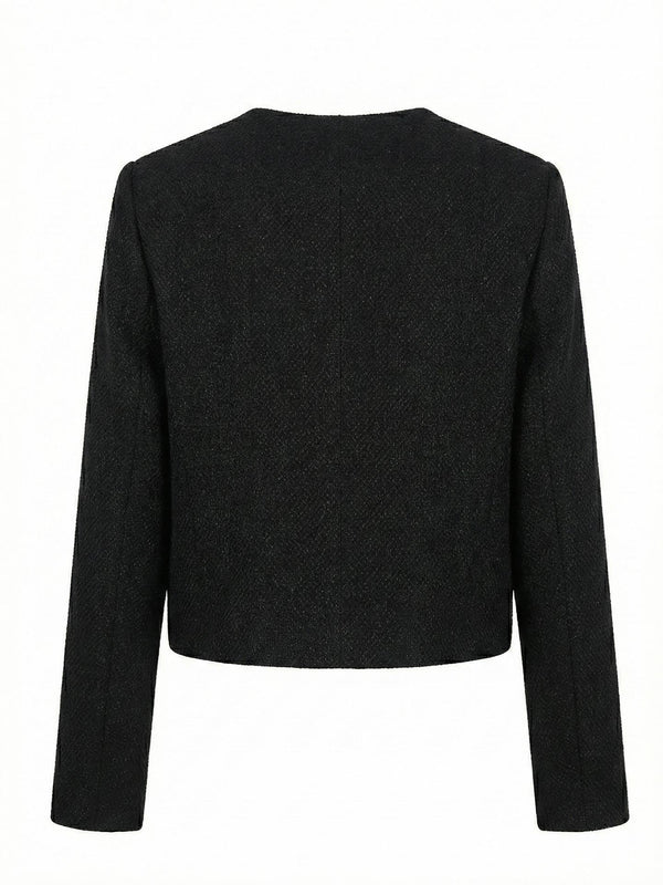 Dokulu Bisiklet  Yaka Düğme Detaylı Ceket Siyah